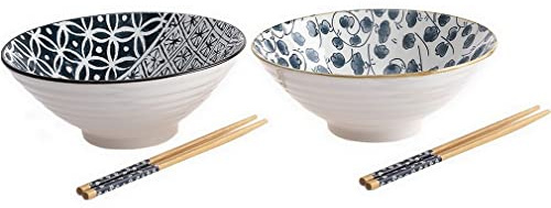 lachineuse - Coffret 2 Bols Style Japonais Bleus ⌀ 20,5 cm - Format XXL - Bols à Riz, Petit Déjeuner & Soupe - Motifs Traditionnels Zen - Bol Asiatique Japonais Asie - Cadeau Vaisselle