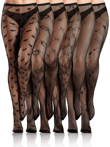 Ramede 6 Pairs Women Fishnet Thigh High Stockings Waist Tights Bow Patterned Goth Fishnet Leggings Pantyhose for Halloween (Black,S-M)