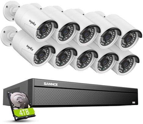 SANNCE 4K POE CCTV Security Camera System, 16 Channel Network Video Recorder 8MP NVR, 10x 5MP Outdoor Camera with Audio Recording, Motion Detection, 4TB HDD