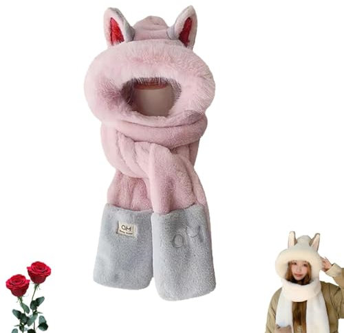 Kapuzenschal for Damen, Winter, Warmer Schal aus Kunstfell, niedliche Fuchsohren, 2-in-1-Mütze und Schal, Mütze, Handschuhe, Kombination mit niedlichen Fuchsohren (Color : Pink)