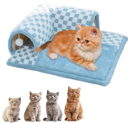 Hanaoni Cat Tunnel Bed, Katzentunnel und Bett, 2-in-1-Katzentunnel Mit Lustigem Plüsch-Karomuster, Katzentunnelbett mit Zentraler Matte, mit Flauschigem Spielzeugball für Hauskatzen