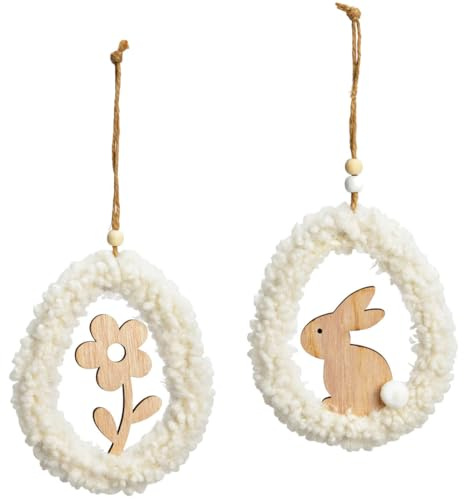 Ostereier aus Holz & Plüsch zum Aufhängen für Innen in weiß Fensterdeko Eier 2er Set mit Schnur als Osterdeko Frühlingsdeko Deko Holzhänger Boho Fensterschmuck hängend zu Ostern 11 x 26 cm
