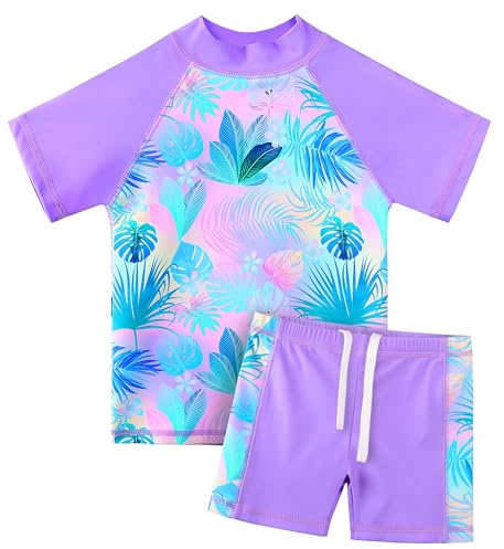 HUAANIUE Teens 2PCS Swimwear Shorts Girls Swimming Costume Swimsuit 3-14Y Kids Pink Swimwear Summer Beach Swimming Clothes for Girl Outfit Sunsuit(PurpleLeave,14A)
