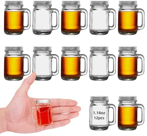 eispap 12 Pcs Mini Mason Jar with Handles,1.7oz/50ml,Premium Shot Glasses with Leakproof Lids for Drink,Dessert,Condiments,Jams,Candle,Craft (12)