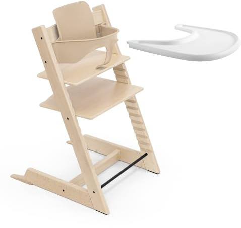 Seggiolone Stokke Tripp Trapp (Natural) Con Vassoio (Bianco) - Include Sedia, Baby Set 2 Per Bambini Da 6 a 36 Mesi - Regolabile, Ergonomico e Facile Da Pulire