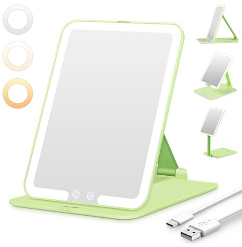 Auxmir Kosmetikspiegel mit Beleuchtung, USB Wiederaufladbar Schminkspiegel, Faltbar Spiegel Reisespiegel mit 3 Lichtfarben für Zuhause Reise, Grün