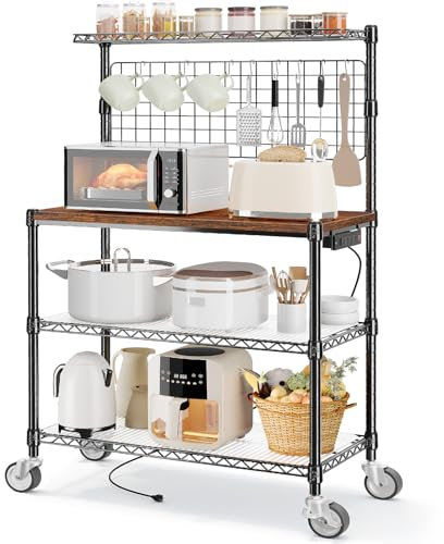Bakers Rack with Power Outlet & Storage,36In Microwave Stand Kitchen Cart