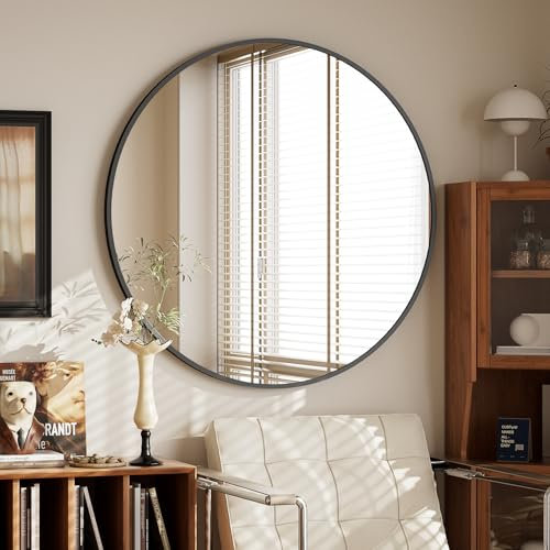 BEAUTYPEAK Miroir Mural Rond de 76 cm - Noir - Décoratif - avec Cadre en Aluminium - Incassable - À Suspendre et à s'appuyer - pour Chambre à Coucher, Salle de Bain, Salon