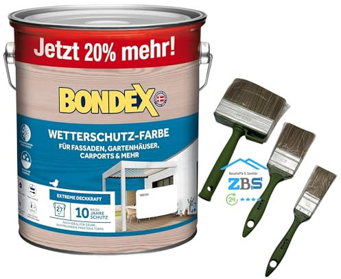 zbs24 Bondex Wetterschutzfarbe für Außen, atmungsaktiv, bis zu 10 Jahre Wetterschutz, extreme Deckkraft, einfache Verarbeitung, für Holz, inkl. 3-teiliges Pinselset (weiss, 3 Liters)