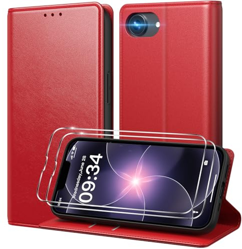 Peakally Handyhülle für iPhone 17e/16e Hülle [Mit 2 Stück Panzer Schutz Glas] [Premium PU Leder] [RFID-Blockierung] [Kartenfach] Ständer Klapphülle Kompatibel mit iPhone 17e 2026/16e 2025 - Rot | Kartenhalter, Geldfach, RFID-Blockierung, Schutzhülle aus PU-Leder, für iPhone 17. 2026/16. 2025