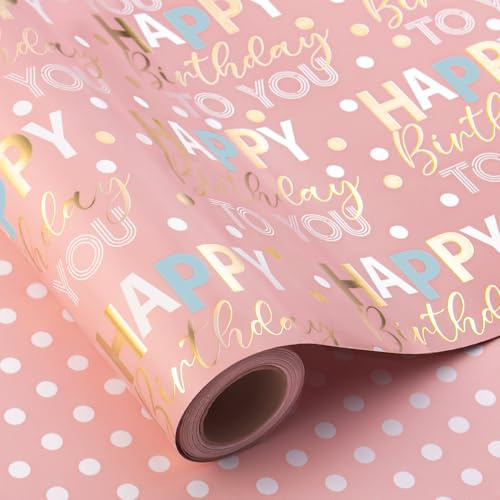 Wikadlik Rosa Geburtstags-Geschenkpapier, 43 cm x 10 m, mit Aufschrift Happy Birthday, wendbar, für Partys, Babyparty, Feiertage, Feiern