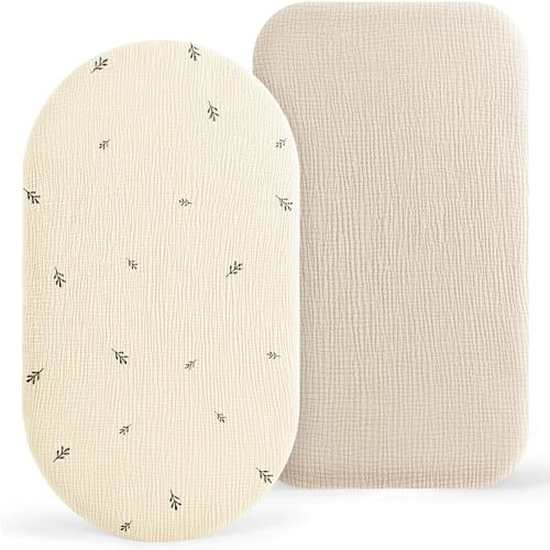 Susurration Musselin Stubenwagen Spannbettlaken 2er Set,100% Baumwolle Bettlaken Kinderwagen Matratzenschoner Spannbettlaken für Kinderwagen 90x50cm (Beige Blatt, 90x50cm)