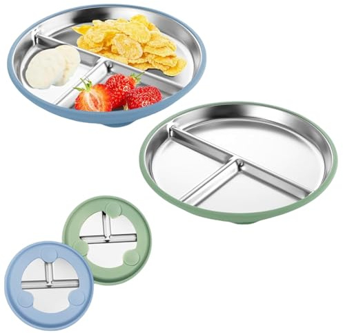 xutong Lot de 2 assiettes en acier inoxydable avec ventouse, bleu et vert