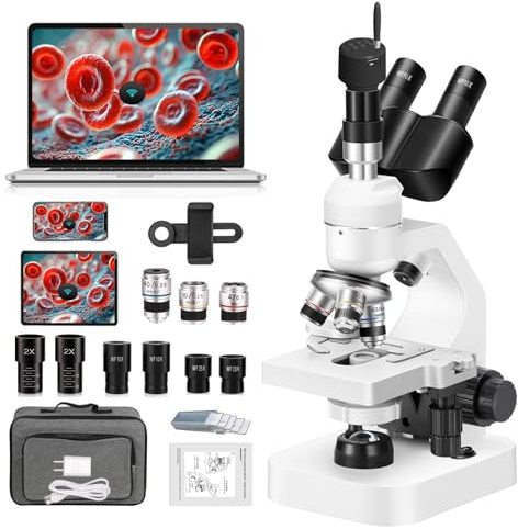 40x-2000x Magnification Dual Layer Three-Eye Microscope with LED Lights on Top and Bottom, Thick and Thin Dual Focus Knobs, Professional Biological Microscope