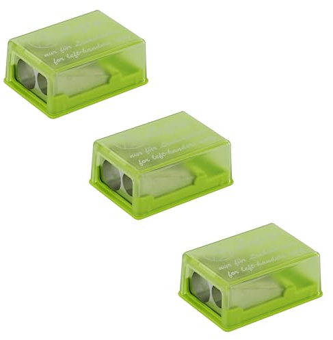 KUM - Doppelspitzdose Lefty, grün, 3er Pack | Anspitzer mit Behälter für Linkshänder, ideal für Bleistifte und Buntstifte
