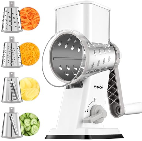 Geedel Cheese Grater, Vegetable Slicer with 4 Interchangeable Blades, Graters for Kitchen, Faster Cutting, Non-Slip Base, Rotary Drum Grater Ideal for Cheese, Cucumber, Carrot, Nuts, etc. White