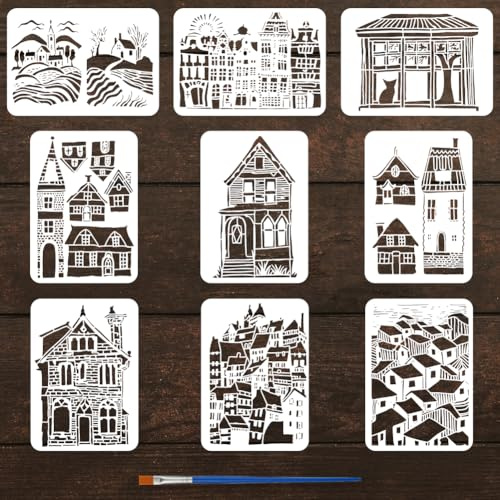 FINGERINSPIRE 9 Stück Stadt Und Dorfarchitektur Schablone Mit 1 x Pinsel 21x29.7cm Musterschablonen Für Stadtgebäude Stadt Und Landszenen Vorlage Für Heimwerker Basteln Möbel Wanddekoration