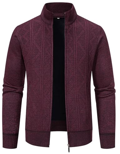 crazy bean Cardigan da Uomo Lavorato a Maglia Cardigan Lavorato Invernale Maniche Lunghe da Uomo con Zip Intera Caldo Maglione a Righe Casual Bordeaux M