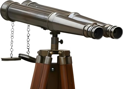 Binocolo antico con ingrandimento da pavimento, 157,5 cm, completamente funzionale, binocolo nautico per la casa con supporto treppiede in legno, (finitura marrone)