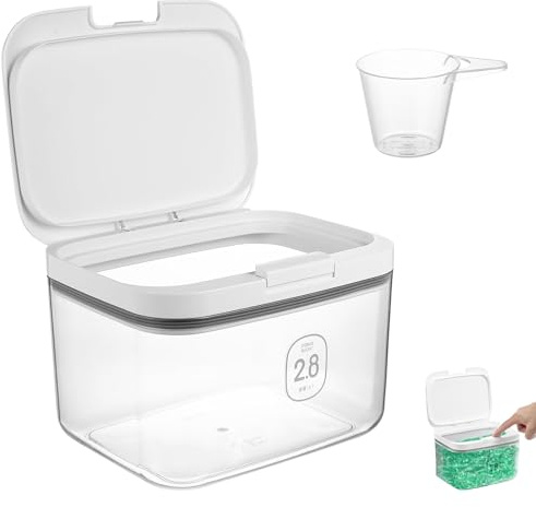 Waschmittel Aufbewahrungsbox, 2.8L Waschpulver Box mit Messbecher & luftdichtem Deckel, Waschpulverbehälter mit Druckverschluss, Wiederverwendbar Transparente Organizer für Wäscheperlen duftende