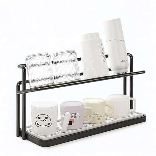 Thrink 2-Tier Bottle Drying Rack & Cup Storage Stand – Black Steel Mug Holder with Removable Drip Tray – Space-Saving Organiser for Kitchen Counter, Coffee Mugs, Tumblers, Jugs & Glassware (Black)