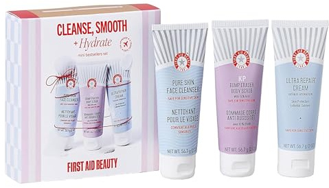 First Aid Beauty Cleanse, Smooth + Hydrate Kit - Skin Care Gift Set with Travel Size Facial Cleanser, KP Body Scrub & Ultra Repair Cream - Travel Friendly Skincare Set