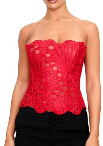 WNGECAT Women Bustier Tube Tops Irregular Cutout Tie up Backless Off-Shoulder Bandeau Vest Backless Shirts (US, Alpha, Medium, Regular, Regular, Red-2)