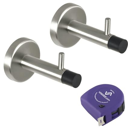 vasalat Türstopper Wand mit Dämpfer - Tür Stopper Wand mit Gummipuffer und Haken ø 14mm, Länge 82mm, Türpuffer zum Schutz von Wand & Tür, Edelstahl matt - 2 Stück