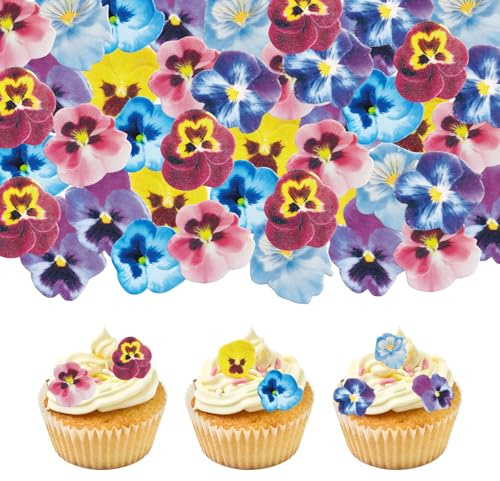 PORUPAEL 60 Pcs Edible Flowers for Cake Decorating - Naturally Dried Pressed Tricoloured Violas, Edible Cake Flowers for Baking, Cocktail Garnish, Wedding Cake Decoration Supplies