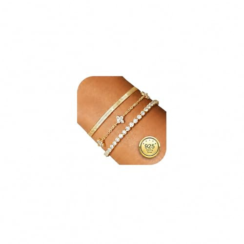 Kakonia 3 st armband dam silver 925 guld armband zirkon blomma tennis kedja justerbara armband silver guld stapelbara smycken armband present smycken för kvinnor flickor, 6.5 pulgadas, Sterlingsilver