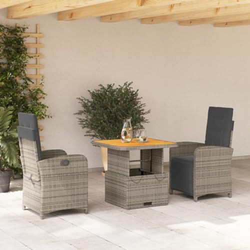 Runheo 3-TLG. Garten-Essgruppe, Grau Poly Rattan, verstellbare Relaxsessel, höhenverstellbarer Tisch, UV-beständig, mit Kissen, Outdoor Möbel Set für Terrasse & Balkon