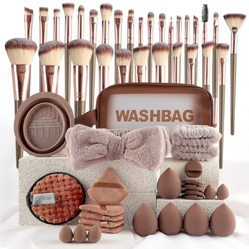 Set di 56 pennelli per trucco viso e occhi, con 30 pennelli professionali, fascia per capelli, braccialetto, spugnette per cipria, ciotola per la pulizia delle uova