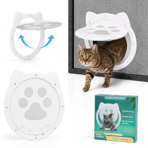 Huanmin Katzenklappe für Fliegengitter, Weiß Katzenklappe Innentür, Magnetische Katzentür mit Automatische, Katzenpfoten Design, Katzenklappe Fliegengittertür für Mittelgroße Kleine Katze