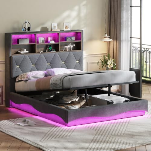 4ft6 Double Bed Frame with Hydraulic Lift & LED Storage Headboard, Linen Functional Upholstered Ottoman Bed with 360 Surround LED Lighting & Charging Station, Gas Lift Bed with Metal Slats, Grey