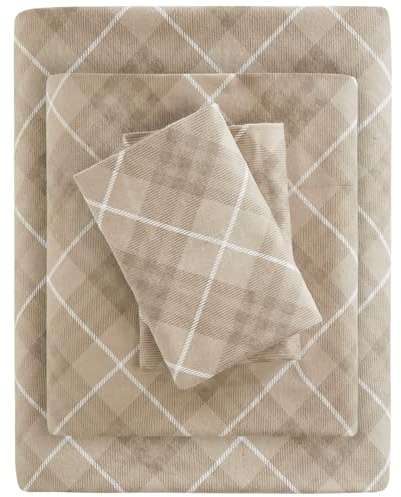Sleep Philosophy True North by Biancheria da letto in flanella 100% cotone caldo stampato animali stelle carino ultra morbido clima freddo set lenzuola Twin XL marrone chiaro a quadretti 3 pezzi