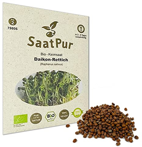 SaatPur® Saatgut Bio-Keimsprossen Daikon-Rettich 75g, hohe Keimkraft, Micro-Greens für vitaminreiche, vegan, Keimsaat Sprossen Samen mikrobiologisch untersucht, nachhaltige Graspapier-Verpackung