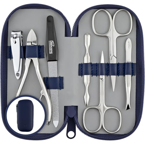 marQus set manicura de 7 piezas de Solingen - Set de manicura y pedicura en estuche de piel auténtica, 2 tijeras, cortaúñas, lima, retira-cutícula, alicate y pinza, para hombre y mujer