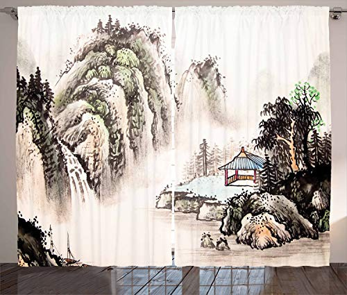 ABAKUHAUS Vintage China Curtains, Chinese Landscape of Watercolor Painting Marquee in Valley Trees Sumi Style, Living Room Bedroom Window Drapes 2 Panel Set, 89 L X 110 W, Multicolor