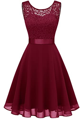 Berylove Femme Robe de Cocktail Courte Top Dentelle Jupe Mousseline Swing pour Bal Mariage BLP7005DarkRed 2XL