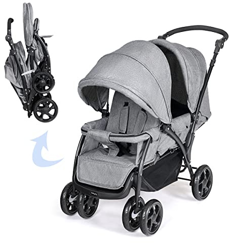 COSTWAY Double Pushchair, Foldable Twin Tandem Stroller with Adjustable Backrest, Push Handle & Footrest, 5 Points Safety Belts, Sunshade & Storage Basket, for from Birth to 15kg (Grey)