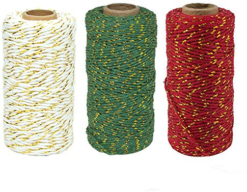 Frgasgds Weihnachts Schnur, 3 Rollen 100m Xmas Schnur Baumwollschnur Handwerk Langlebiger Faden für Weihnachtsgeschenkverpackung DIY Handwerk und handgemachte Kunst Weihnachten Tags Krawatte