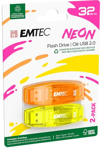 EMTEC Clé USB 2.0 C410 , Mémoire Flash Drive De 32 Go, Lecture 5Mb/S, Écriture 15Mb/S, Compatible USB 2.0, USB 3.0, Transparentes Néon Fluo Avec Capuchon , Pack De 2