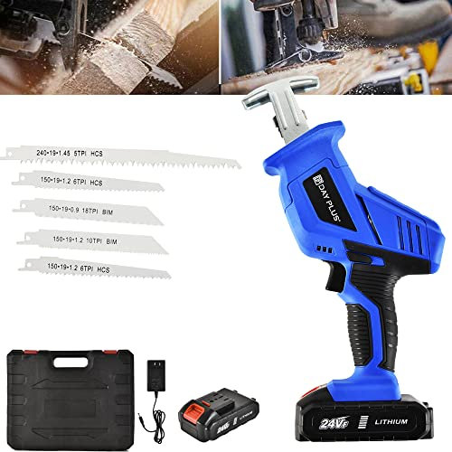 Akku Säbelsäge mit 5 Sägeblättern, Handheld Akku Reciprosäge 3000RPM Variabler Geschwindigkeit, Universalsäge Elektrische Kettensäge für Holz & Metall & Aluminium -1 Akku