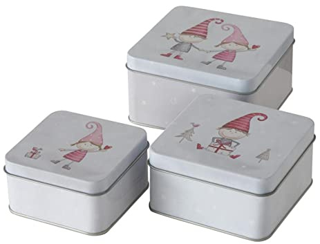 CasaJame 3er Set Metall Keksdose Plätzchendose eckig Wichtel Kinder sortiert 9-12cm
