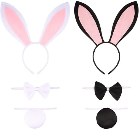 BOFUNX 2 Conjuntos de Accesorios de Conejo Disfraz Conejita Diadema de Orejas Pajarita Cola para Fiesta de Disfraces Cosplay Traje Sets Blanco + Negro 6pcs Mujer Adulto