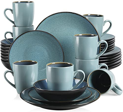 vancasso Service de Table Complet 8 Personnes, Vaisselle en Grès 32 Pièces - 8 Assiettes Plates, 8 Assiettes à Dessert, 8 Bols à Céréales, 8 Tasses Mugs - Glaçure Vert, Compatible Lave-Vaisselle