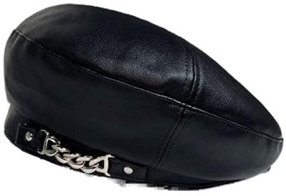 oonui Baskenmütze Damen Metallkette Leder Baskenmütze Damen Herbst Winter Vintage Achteckig Casual Party Outdoor Malerhut Für Damen,Schwarz,54-58 cm