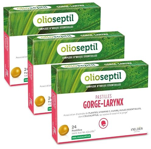 OLIOSEPTIL - Pastillen für Rachen-Hals - ohne Zuckerzusatz - Pflanzenextrakten, Vitamin C, Kupfer und ätherischen Ölen - Hilft Beruhigt den gereizten Rachen - Honig-Eukalyptus - 3 x 24 Pastillen