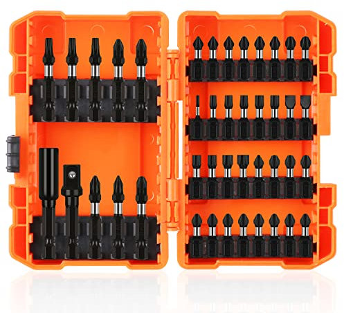 BRIMIX 43 pcs juego de puntas de destornillador profesional, acero S2, phillips, plano, torx, pozidrive, adaptador portapuntas. Vástago de impacto para taladros