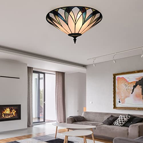 Gdrasuya10 18 inch Tiffany LED Ceiling Light, Stained Glass Flush Mount Ceiling Light Fixture 3-Light Baroque Style Ceiling Lamp Hanging Light for Dining Room Living Room Foyer